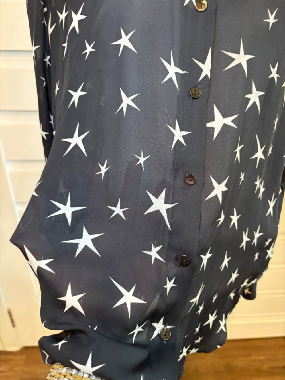 L'Agence Nina Star Print 100% Silk Button Down Blouse Black White M - Picture 5 of 11